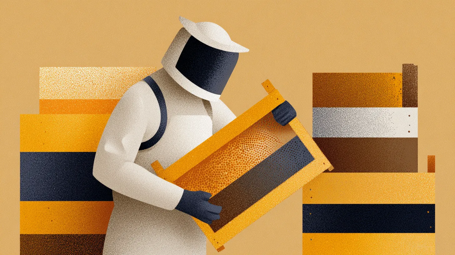 Illustration im Risodruck-Stil: Imker mit Schleier entnimmt eine Brutwabe aus der Beute
